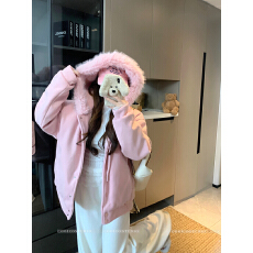 批发实拍 蝴蝶结绑带毛领连帽外套女冬季加厚高级感棉服冬装