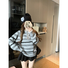 批发实拍 新款小众甜美减龄花瓣条纹系扣针织上衣慵懒毛衣