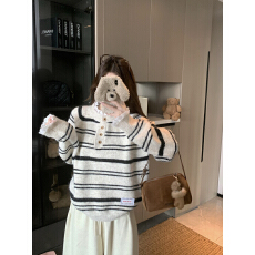 批发实拍 新款小众甜美减龄花瓣条纹系扣针织上衣慵懒毛衣