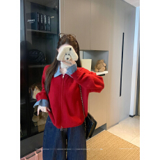 批发实拍 复古新款宽松拼接<b class='q'>牛仔</b>毛衣<b class='q'>外套</b><b class='q'>韩版</b>假两件上衣