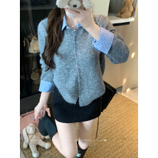 批发实拍 实价韩系软糯假两件撞色拼接Polo领<b class='q'>毛衣</b>女春衬衫领针织开衫