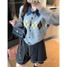 批发实拍 撞色牛仔拼接polo领针织<b class='q'>开衫</b>复古菱格毛衣外套