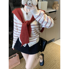 批发实拍 韩系圆领条纹毛衣开衫＋披肩慵懒风两件套