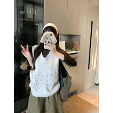 批发实拍 简约气质休闲韩版U领百搭花边马甲上衣