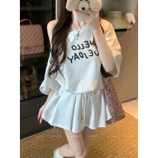 批发实拍 气质斜肩短袖T恤夏季极简风套装高腰<b class='q'>百褶</b>半身裙