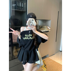 批发实拍 气质斜肩短袖T恤夏季极简风套装高腰<b class='q'>百褶</b>半身裙