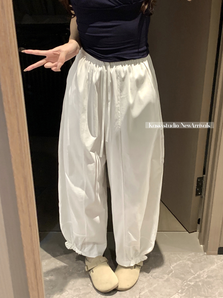 실사 새로운 한 부서 9 포인트 캐주얼 바지 허리밴드 레이스 다용도 와이드 레그 팬츠
