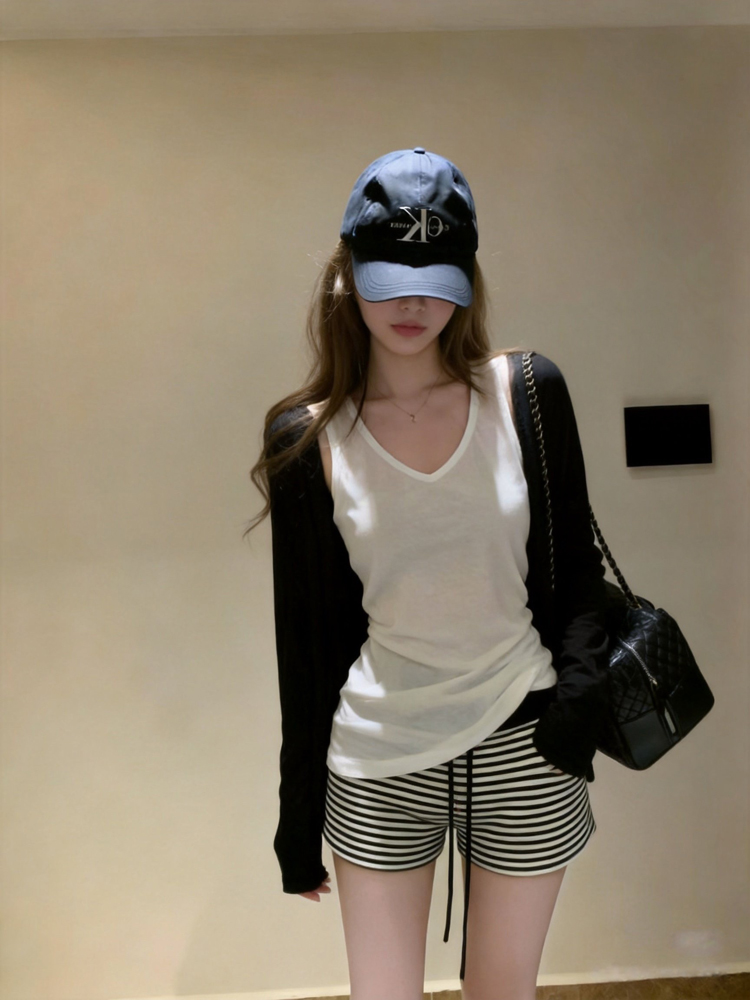 실사 새로운 느슨함 센스 한 부서 캐주얼 얇은 스타일 자외선 차단 오픈 가디건 다용도 조끼 하이웨이스트 반바지 게으른 3종 세트