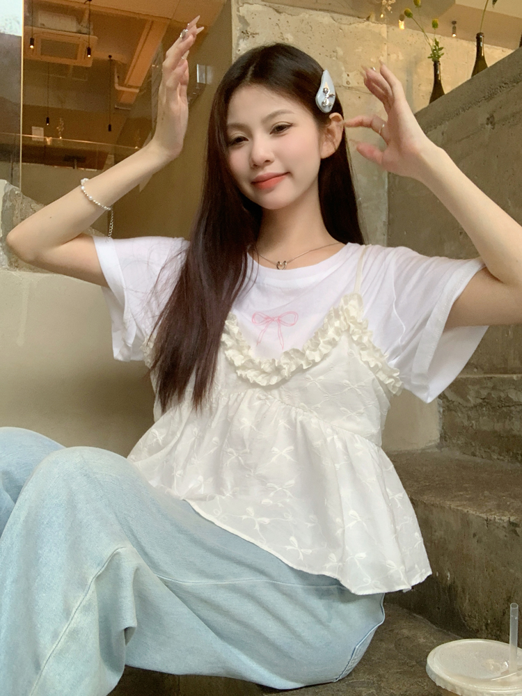 실사 달콤함 나비 매듭 프린트 t 귀여운 연령 감소 목이버섯 캐미솔 투피스 세트