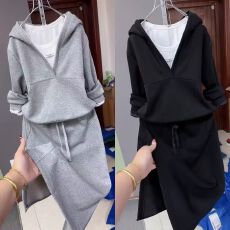 批发春<b class='q'>秋</b>季休闲卫衣裙套装女连帽时尚新款半身裙显瘦韩版三件套