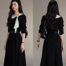 批发【南艺】法式气质<b class='q'>波点</b>飘带领拼黑色<b class='q'>连衣裙</b>女高级感收腰裙