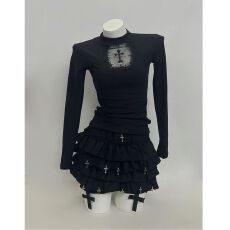 批发朋克风暗黑哥特镂空高领内搭上衣腰封十字架蛋糕<b class='q'>蓬蓬</b>裙裤套装