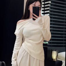 批发人棉螺纹 内搭上衣女<b class='q'>秋</b>纯欲高级感修身斜肩露肩长袖T恤