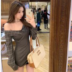 批发秋冬法式复古格纹拼接<b class='q'>假两件</b>露肩包臀短裙纯欲辣妹显瘦百搭长袖潮