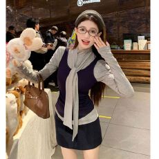 批发【<b class='q'>莫代尔</b>人棉两件套】高领针织飘带<b class='q'>打底衫</b>女背心叠穿两件套上衣