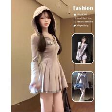 批发法式辣妹连帽紫色长袖<b class='q'>连衣裙</b>女秋季纯欲性感修身显瘦<b class='q'>气质</b>百褶短裙