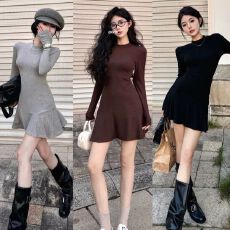 批发荷叶边半高领收腰<b class='q'>连衣裙</b>女秋冬显身材包臀小妈鱼尾裙打底内搭裙子