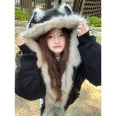 批发<b class='q'>韩版</b>甜酷风猫耳朵毛领连帽黑色夹棉保暖棉衣女冬季新款百搭棉衣潮