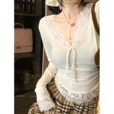 批发【慕斯羊绒 原版品质】早秋上衣<b class='q'>蕾丝</b>长袖T恤女辣妹内搭显瘦<b class='q'>打底衫</b>