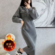 批发高级感灰色连帽长款卫衣裙收腰气质加厚加绒休闲<b class='q'>连衣裙</b>女新款秋冬