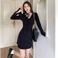 批发纯欲风V领<b class='q'>长袖</b><b class='q'>连衣裙</b>女秋季小个子收腰显瘦褶皱不规则绑带短裙子