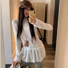 批发韩系波点拼接撞色<b class='q'>通勤</b>复古减龄长袖t恤女2026冬季新款设计感上衣