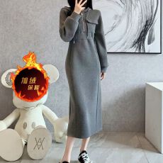 批发高级感灰色连帽长款卫衣裙<b class='q'>收腰</b>气质加厚加绒休闲<b class='q'>连衣裙</b>女新款秋冬
