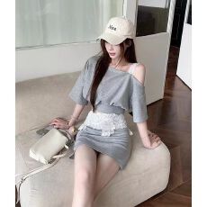 批发法式潮流蕾丝斜肩短袖t恤半身裙两件套女2025<b class='q'>夏</b>季新款通勤套装ins