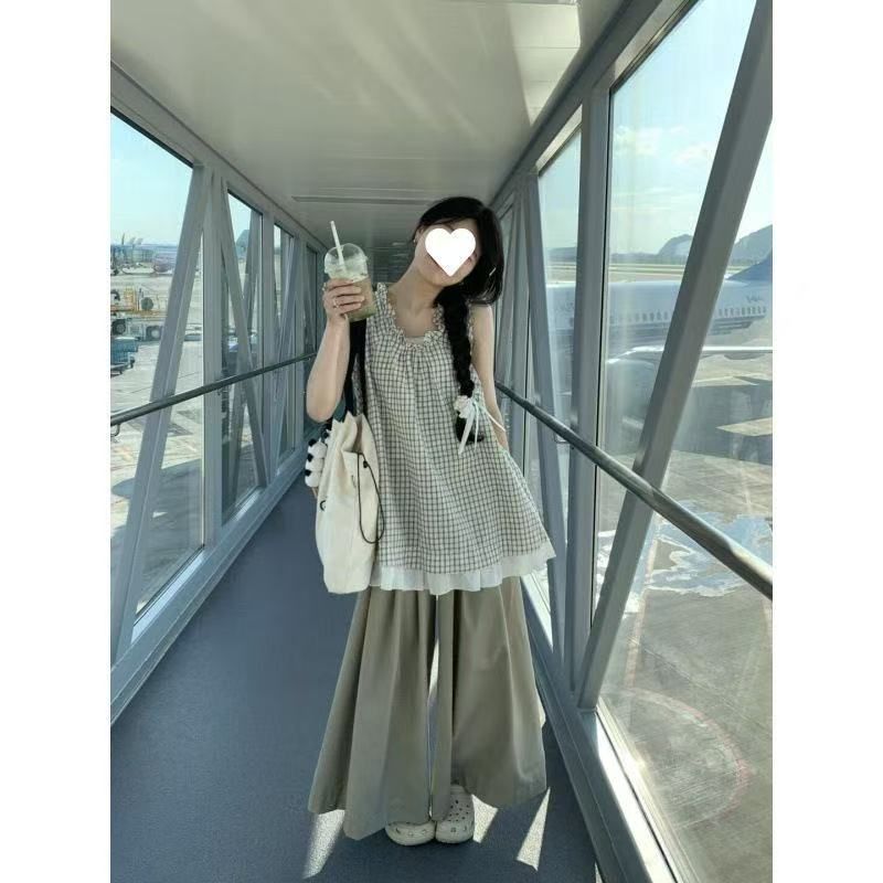 한 부서 체크무늬 패치워크 레이스 민소매 여성 셔츠 여름 작은 키 느긋한 루즈핏 다용도 고유 한 Chic 맨위