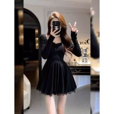 批发原版做法 300克加厚螺纹春<b class='q'>秋</b>法式复古赫本黑色蕾丝拼接气质连衣裙