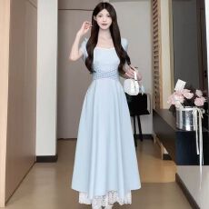 批发原版做法布松本中长款拼接蕾丝法式气质方领格子夏季时尚连衣裙