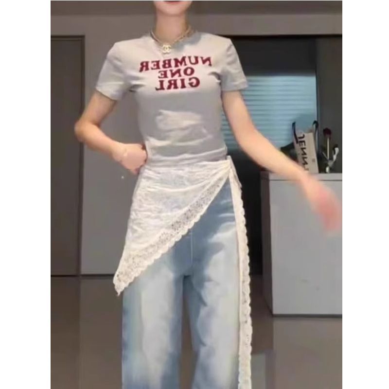 한 부서 스택 착용 자카드 레이스 삼각형 수건 여성 2025 새로운 만나는 표지 레이스 망사 디자인 센스 랩스커트팬츠