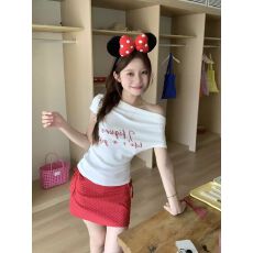 批发美式荡领字母一字肩上衣女夏新款别致修身显瘦短款t恤女 手机逛