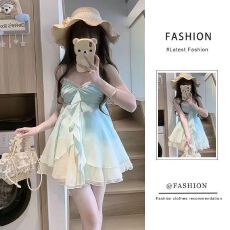 批发茶系穿搭一整套夏季甜美气质吊带上衣蓬蓬半身短裙小个子两件套装