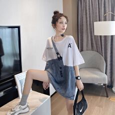 批发官图 21支纯棉 抖音质量 中长款牛仔<b class='q'>拼接</b>短袖T恤女字母印花夏季