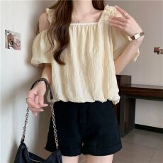 批发一<b class='q'>字</b>肩吊带衬衫女泡泡袖短款配高腰<b class='q'>裤</b>2026年夏装宽松心机露肩上衣