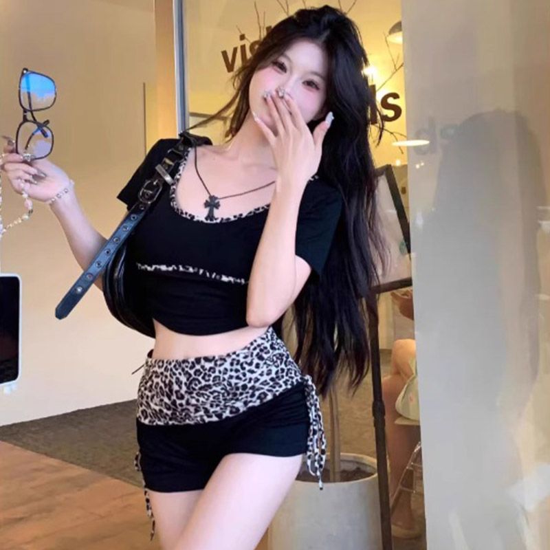 모방 면 리브 여름 디스플레이 몸 레오파드 무늬 쇼트 스타일 티셔츠 맨위 스트랩 반바지 투피스 슈트