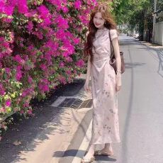 批发【碧叠-葡夏】新中式显白绿色蝴蝶面旗袍女两色连衣裙