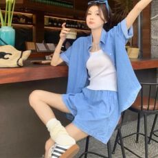批发夏季新款仿<b class='q'>牛仔</b>套装女短袖<b class='q'>衬衫</b>短裤两件套大码微胖穿搭休闲套装潮