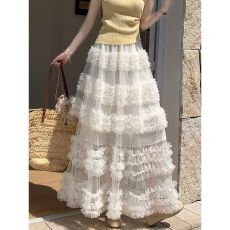 批发杏色中长款木耳边网纱蛋糕裙女夏季法式<b class='q'>蓬蓬裙</b>独特绝美仙女<b class='q'>半身</b>裙