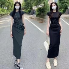 批发灰色圆领连衣裙女夏季新款收腰显瘦甜辣妹过膝纯欲包臀<b class='q'>中长款</b>裙子