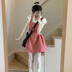 批发复古红色格子<b class='q'>假两件</b><b class='q'>连衣裙</b>女学生夏季新款小个子甜美学院风短裙子