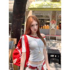 批发辣妹露肩条纹短袖t恤内搭<b class='q'>修身</b>夏季新款独特短款上衣