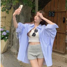 批发设计感慵懒风条纹翻领长袖衬衫<b class='q'>女装</b>早春休闲宽松中长款衬衣外套