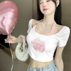 批发新款夏季甜妹纯欲性感辣妹螺纹短袖<b class='q'>T</b><b class='q'>恤</b>印花假两件时尚露肚女上衣