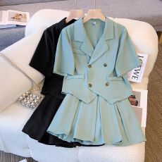 批发大码女装<b class='q'>韩版</b>时尚裙套装夏季胖妹妹<b class='q'>西装</b>领不规则上衣百褶裙两件套