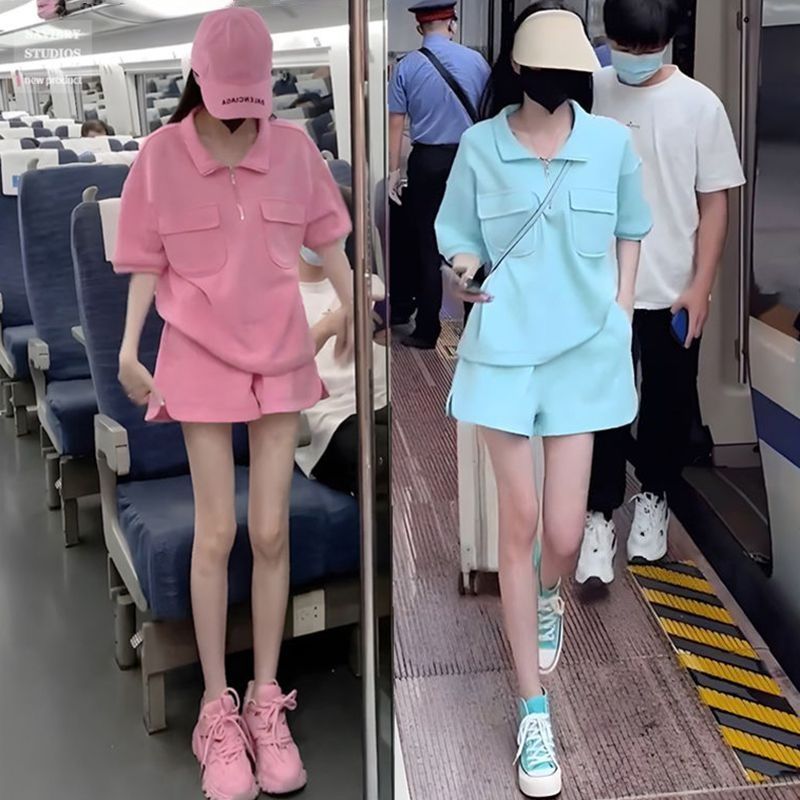 6535 물고기 규모 면 반팔 세트 여성 여름 새로운 패션 외국 가스 캐주얼 루즈핏 운동 학생 투피스 세트