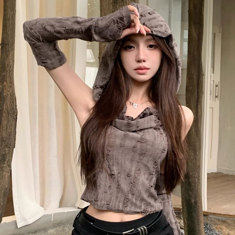 찢어진 부분 천 불모지 바람 달콤한 핫걸 쇼트 스타일 소매 커버 맨위 여성 여름 조끼 후드 기본 셔츠 티셔츠