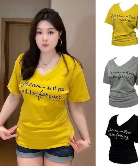 높은 품질 40 92 면 8 암모니아 Lun 새로운 빅 사이즈 지방 mm 다용도 V넥 프린트 허리 수축 슬림해 보이는 티셔츠 여성