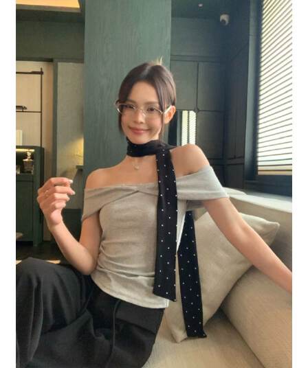 원본 것 회색 오프숄더 반팔 티셔츠 여성 여름 몸매 가꾸기 슬림해 보이는 한 부서 품격 오프숄더 맨위